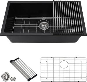 33 Granite Composite Kitchen Sink - Donsdey 33”×19” Undermount Granite Sink Black Quartz Classic Composite Under Counter Single Bowl Sink Basin  from Lordear